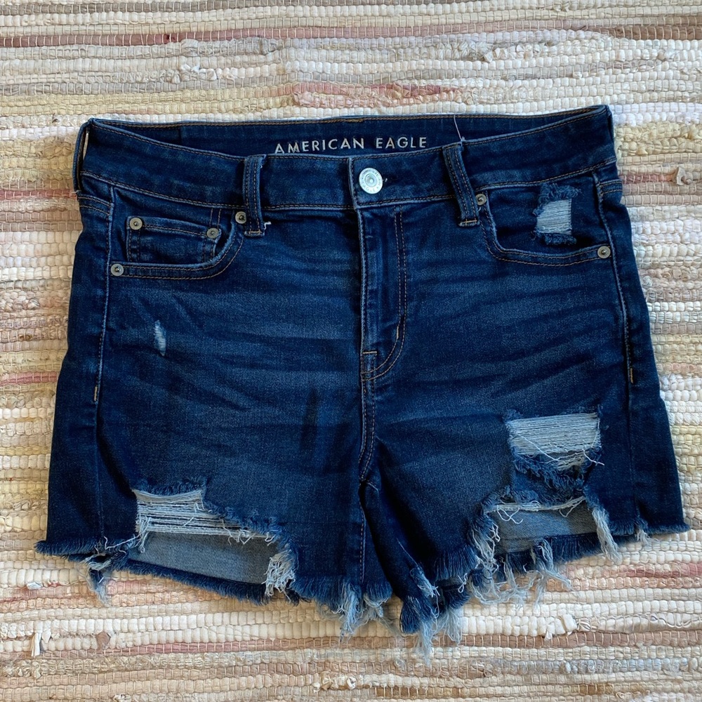American Eagle Midi Dark Wash Distressed Shorts Size 10